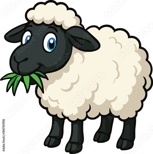 Cartoon sheep, cute farm animal, fluffy wool, black face, chewing grass, children’s illustration, vector art, livestock, countryside, adorable character