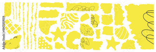 Collection of yellow ripped fragments with irregular borders and textured edges. Cutout elements for scrapbooking, sticker designs, retro posters and creative mixed media artwork.