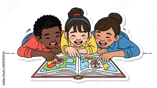 Three diverse children enthusiastically pointing at a colorful world map in an open book, sparking curiosity and discovery