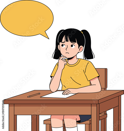 Cartoon student thinking at desk, empty speech bubble, schoolgirl pondering homework, classroom illustration, education concept, learning moment, pencil paper