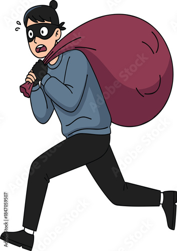 Cartoon thief running, masked burglar escaping, sack of loot, crime illustration, urgent expression, sweat drops, robbery concept, vector art