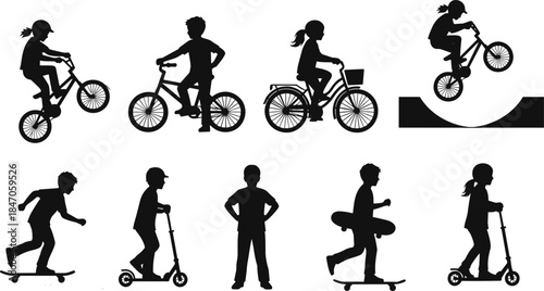 Set of black silhouette vector illustrations featuring children riding bicycles, skateboards, and scooters, symbolizing physical activity, youth sports, and outdoor fun.