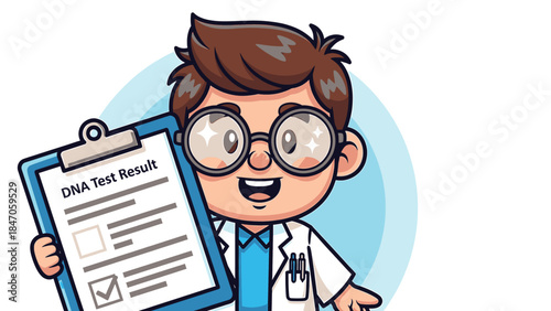 Excited scientist character holding DNA test results chart in cartoon illustration style