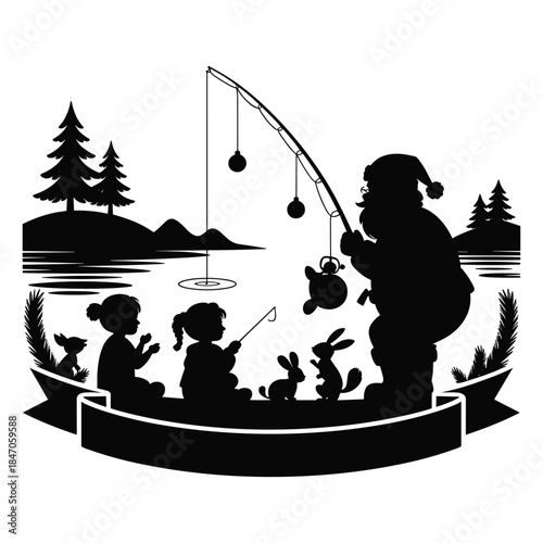 Santa Claus and kids fishing on a boat with rabbits and a dog near a lake with trees