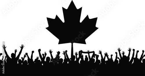 Black silhouette vector illustration of a large cheering crowd with raised hands underneath a prominent Canadian maple leaf symbol.
