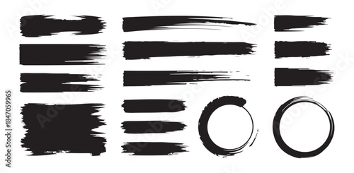 Set of black brush strokes on white background including lines square and circles