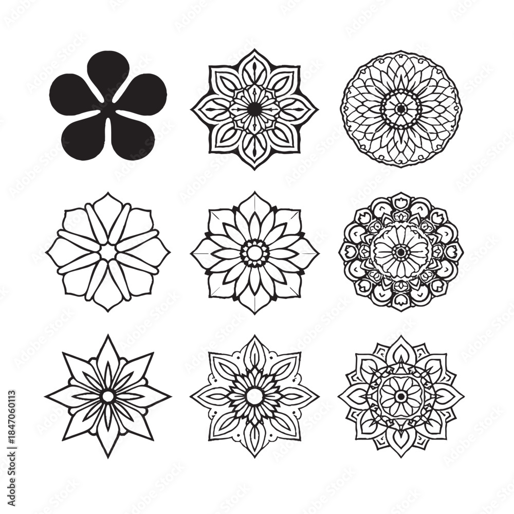 Obraz premium Black silhoutte mandala design with delicate floral elements .