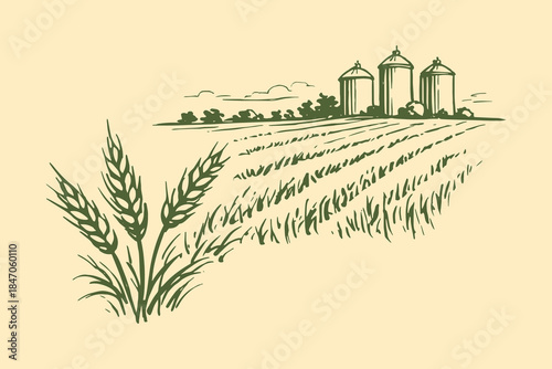 Wheat field with grain silos vintage sketch vector illustration