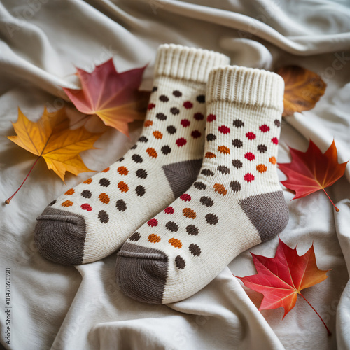 Wallpaper Mural "Cozy Fall Socks with Polka-Dot Autumn Leaves Pattern Worn on Feet Among Fall Leaves — Warm Seasonal Home Comfort" Torontodigital.ca