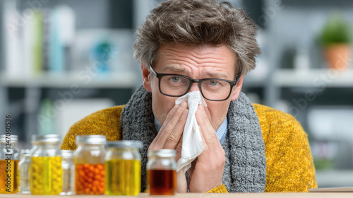 A sick man wearing glasses blows his nose at home surrounded by medicines and pills, showing symptoms of cold and flu, seasonal illness, health and medicine