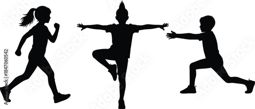 Set of black silhouettes featuring diverse children running, exercising, and performing balance poses, symbolizing fitness, health, movement, and an active lifestyle.