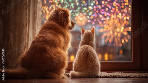 Cozy friendship: Golden Retriever dog and ginger cat sit together, watching vibrant bokeh fireworks and celebratory lights through a home window at night, symbolizing New Year's Eve or holiday cheer.