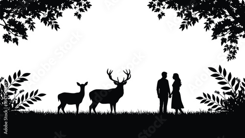 A couple meets a deer in a forest silhouette nature background design.