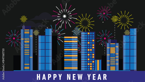Happy new year fireworks over city skyline celebration