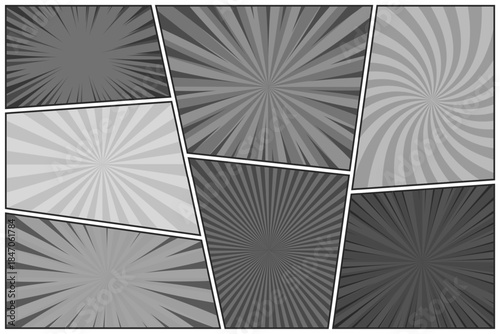 Comic book black and white radial lines collection. Cartoon comics background with motion, speed lines. Retro Pop Art style. Vector illustration