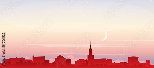 Red panoramic poster of the city skyline with misty background buildings, sunrise, moon and clouds of WARSAW, POLAND
