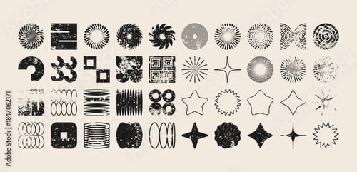 Brutalist geometric shapes, modern grunge symbols. Simple primitive elements and forms, distressed details. Retro design, aged, vintage, trendy contemporary minimalist style, y2k. Vector illustration