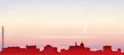 Red panoramic poster of the city skyline with misty background buildings, sunrise, moon and clouds of COPENHAGEN, DENMARK