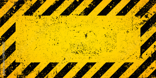 Warning sign with yellow and black diagonal lines. Attention, danger or caution symbol. Construction site signage, road safety notice, hazard banner, security alert shield. Vector illustration