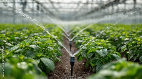 Medium shot of AIcontrolled sprinklers evenly watering plants in a modern greenhouse showcasing efficient automated irrigation technology for optimal plant growth.