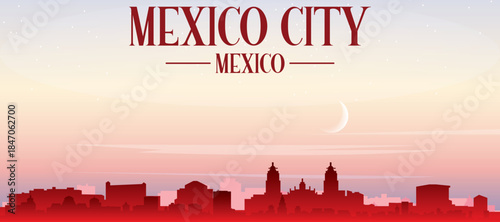 Red panoramic poster of the city skyline with misty background buildings, sunrise, moon and clouds of MEXICO CITY, MEXICO