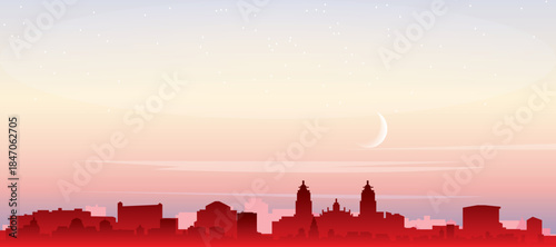 Red panoramic poster of the city skyline with misty background buildings, sunrise, moon and clouds of MEXICO CITY, MEXICO