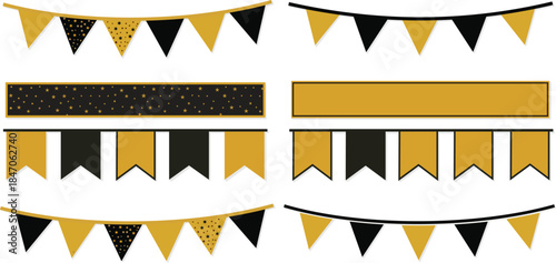 Collection of black and gold party bunting flags and banners