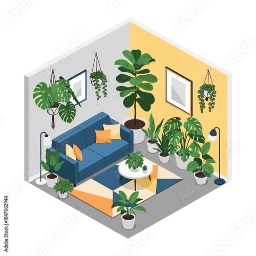 Isometric vector 3D view of a cozy indoor livingroom houseplant corner with monstera and fiddle leaf fig in modern pots, stylish interior greenery, calm lifestyle scene