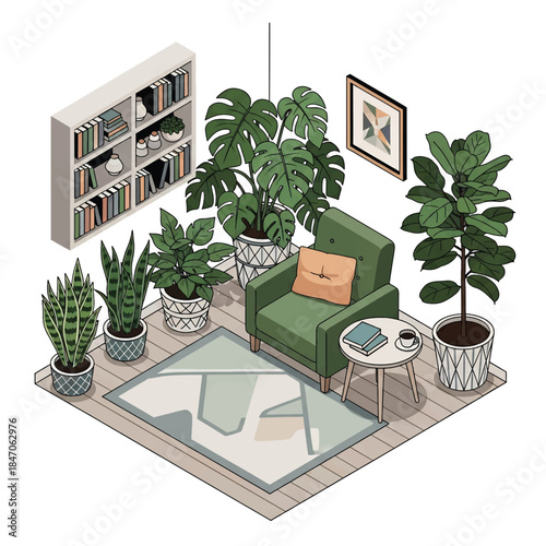 Isometric vector 3D view of a cozy indoor livingroom houseplant corner with monstera and fiddle leaf fig in modern pots, stylish interior greenery, calm lifestyle scene