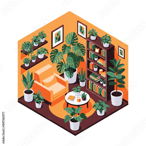 Isometric vector 3D view of a cozy indoor livingroom houseplant corner with monstera and fiddle leaf fig in modern pots, stylish interior greenery, calm lifestyle scene