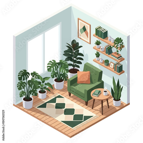 Isometric vector 3D view of a cozy indoor livingroom houseplant corner with monstera and fiddle leaf fig in modern pots, stylish interior greenery, calm lifestyle scene