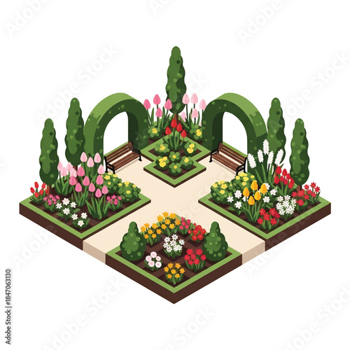 Isometric vector 3D view of a botanical garden with flowering plants, walking paths, benches, and visitors, educational green landscape and nature tourism concept