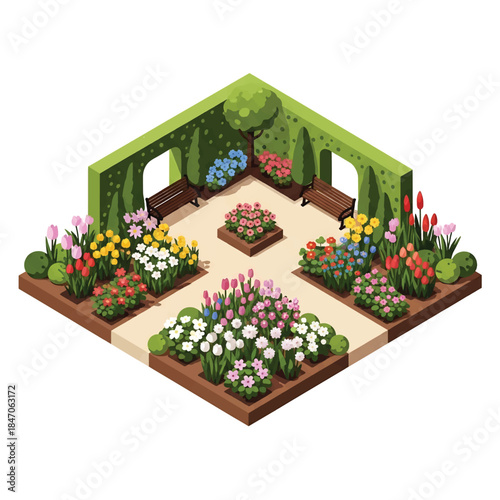 Isometric vector 3D view of a botanical garden with flowering plants, walking paths, benches, and visitors, educational green landscape and nature tourism concept