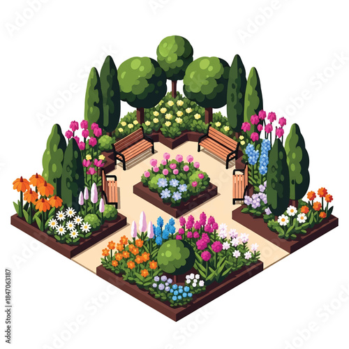 Isometric vector 3D view of a botanical garden with flowering plants, walking paths, benches, and visitors, educational green landscape and nature tourism concept
