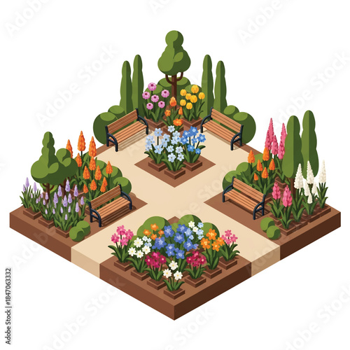 Isometric vector 3D view of a botanical garden with flowering plants, walking paths, benches, and visitors, educational green landscape and nature tourism concept