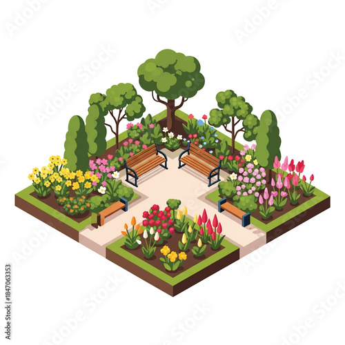 Isometric vector 3D view of a botanical garden with flowering plants, walking paths, benches, and visitors, educational green landscape and nature tourism concept