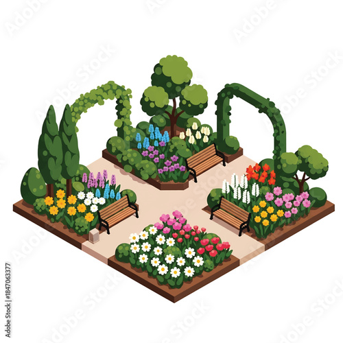 Isometric vector 3D view of a botanical garden with flowering plants, walking paths, benches, and visitors, educational green landscape and nature tourism concept