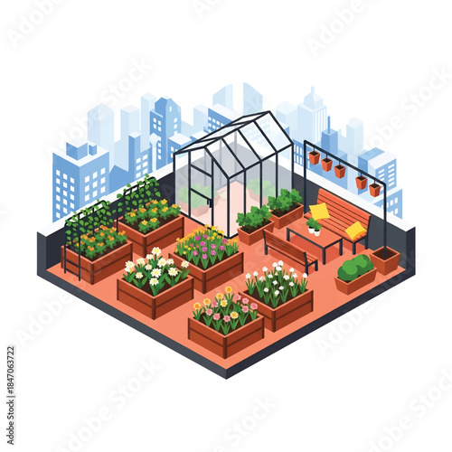 Isometric vector 3D view of an urban rooftop garden with flowers, herbs, and city skyline, sustainable living and green city lifestyle concept