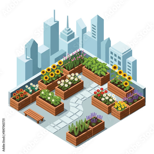 Isometric vector 3D view of an urban rooftop garden with flowers, herbs, and city skyline, sustainable living and green city lifestyle concept