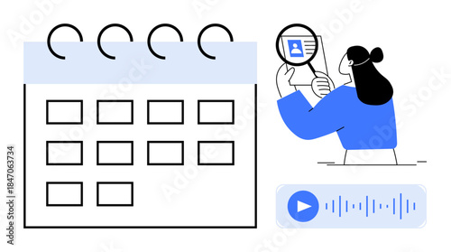 Calendar scheduling concept. Calendar, identity verification process, and audio playback component for efficient task management. Calendar tracking appointments. Ideal for productivity, scheduling
