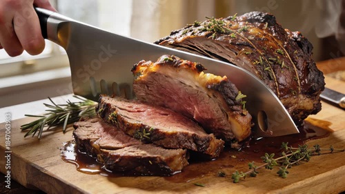 Cooking a Beef Roast With Herbs on a Wooden Cutting Board in a Kitchen at Home