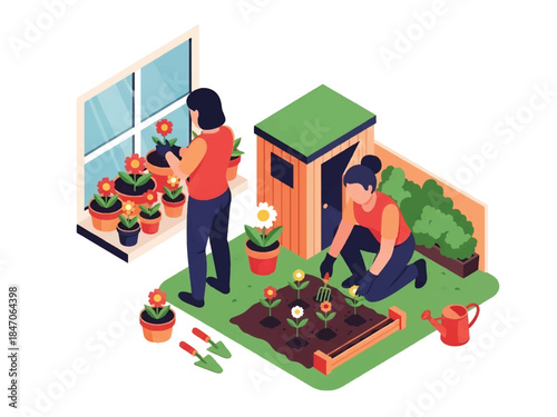 Isometric vector 3D view of people gardening at home, planting flowers in pots and soil, hobby lifestyle and sustainable home activity concept