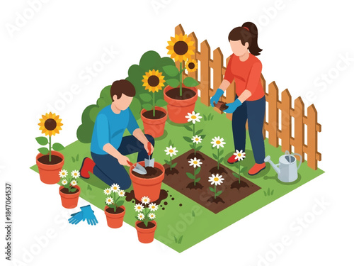 Isometric vector 3D view of people gardening at home, planting flowers in pots and soil, hobby lifestyle and sustainable home activity concept