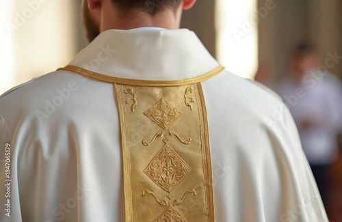 Priest wears white chasuble with gold trim and ornate details. He stands in church during religious service. People in background are blurred.