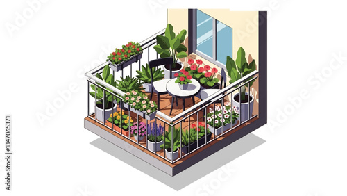 Isometric vector 3D view of a cozy urban apartment balcony filled with potted plants and flowers, modern city lifestyle with green living concept