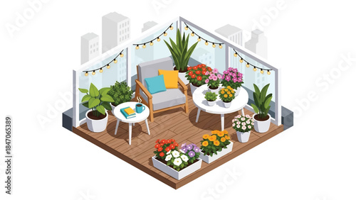 Isometric vector 3D view of a cozy urban apartment balcony filled with potted plants and flowers, modern city lifestyle with green living concept