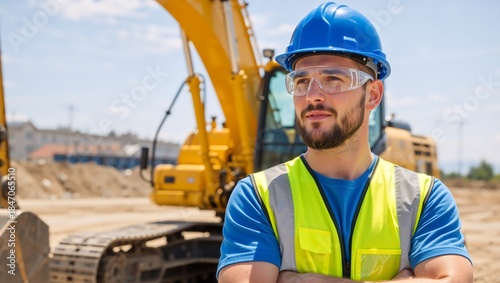 Confident construction worker in a hard hat and safety vest at a building site. Professional male engineer standing with an excavator in the background
