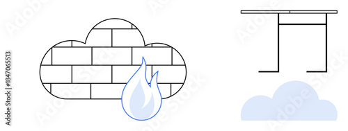 Data security, cloud protection, firewall technology, online safety, network management, digital infrastructure. Cloud shape with firewall and flame icon, table structure blue cloud. Data security