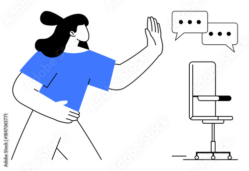 Workplace interaction, rejection, stress management, boundaries, communication block, office culture. Woman turning away from speech bubbles near an office chair. Rejection and workplace interaction