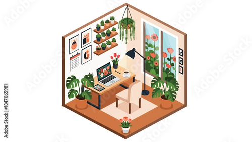 Isometric vector 3D view of a creative workspace surrounded by plants and flowers, calm and inspiring environment for productivity and design work